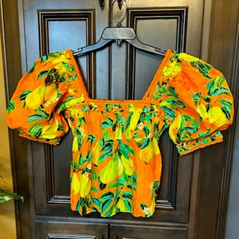 Farm Rio Orange Chic Pears 100% Cotton Square Neck Puff- Sleeves Blouse